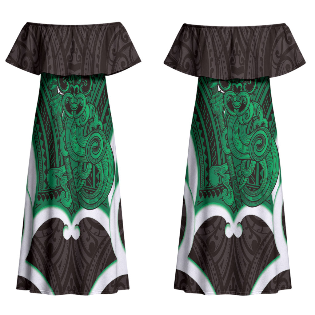 Kakariki Aotearoa Atua Tumatauenga Personalised Couples Matching Off Shoulder Maxi Dress and Long Sleeve Button Shirt Maori God Of War Tiki With Taiaha LT14 - Polynesian Pride