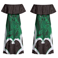 Kakariki Aotearoa Atua Tumatauenga Personalised Couples Matching Off Shoulder Maxi Dress and Long Sleeve Button Shirt Maori God Of War Tiki With Taiaha LT14 - Polynesian Pride