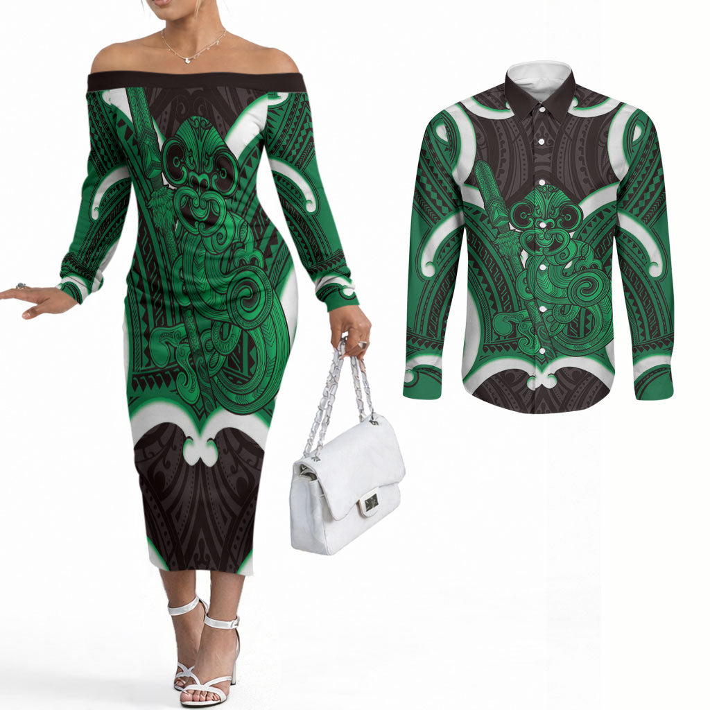 Kakariki Aotearoa Atua Tumatauenga Personalised Couples Matching Off The Shoulder Long Sleeve Dress and Long Sleeve Button Shirt Maori God Of War Tiki With Taiaha LT14 Green - Polynesian Pride