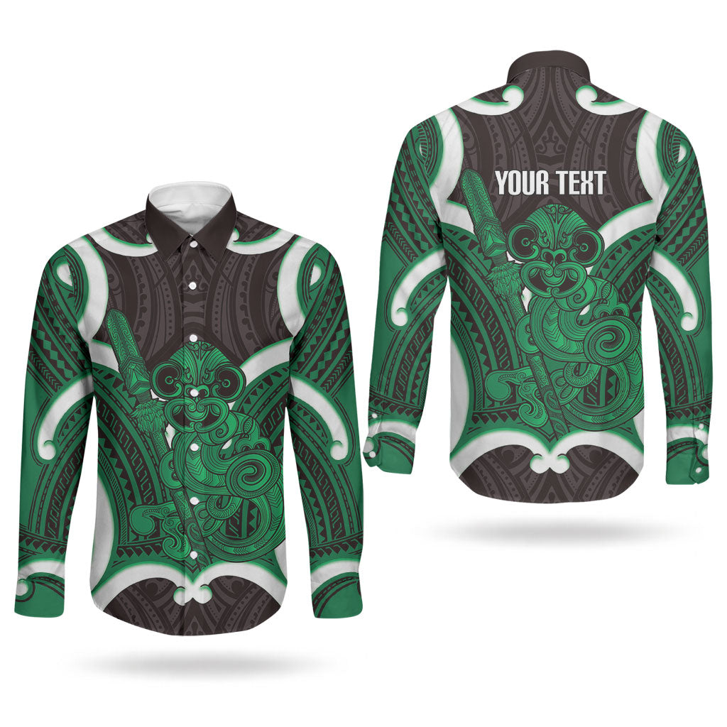 Kakariki Aotearoa Atua Tumatauenga Personalised Couples Matching Off The Shoulder Long Sleeve Dress and Long Sleeve Button Shirt Maori God Of War Tiki With Taiaha LT14 - Polynesian Pride