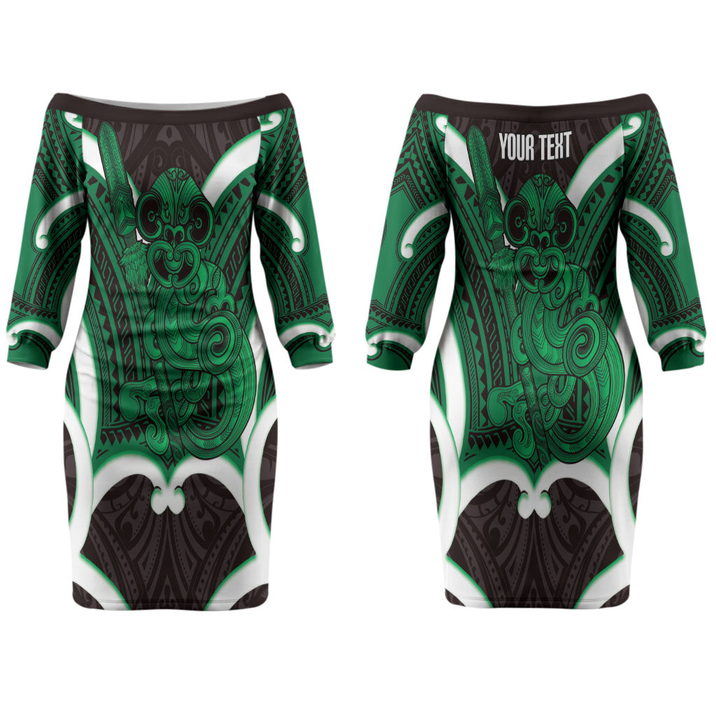 Kakariki Aotearoa Atua Tumatauenga Personalised Couples Matching Off The Shoulder Long Sleeve Dress and Long Sleeve Button Shirt Maori God Of War Tiki With Taiaha LT14 - Polynesian Pride
