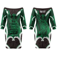 Kakariki Aotearoa Atua Tumatauenga Personalised Couples Matching Off The Shoulder Long Sleeve Dress and Long Sleeve Button Shirt Maori God Of War Tiki With Taiaha LT14 - Polynesian Pride