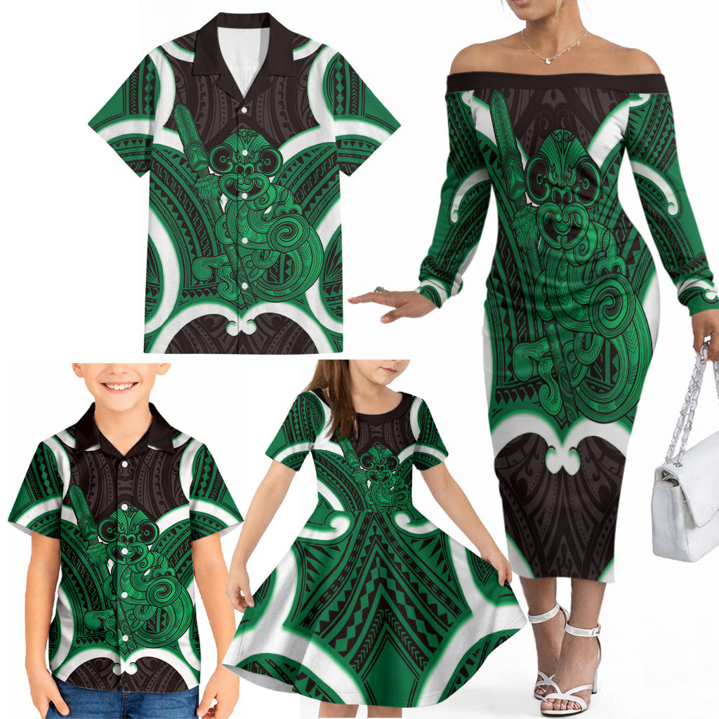 Kakariki Aotearoa Atua Tumatauenga Personalised Family Matching Off The Shoulder Long Sleeve Dress and Hawaiian Shirt Maori God Of War Tiki With Taiaha LT14 - Polynesian Pride