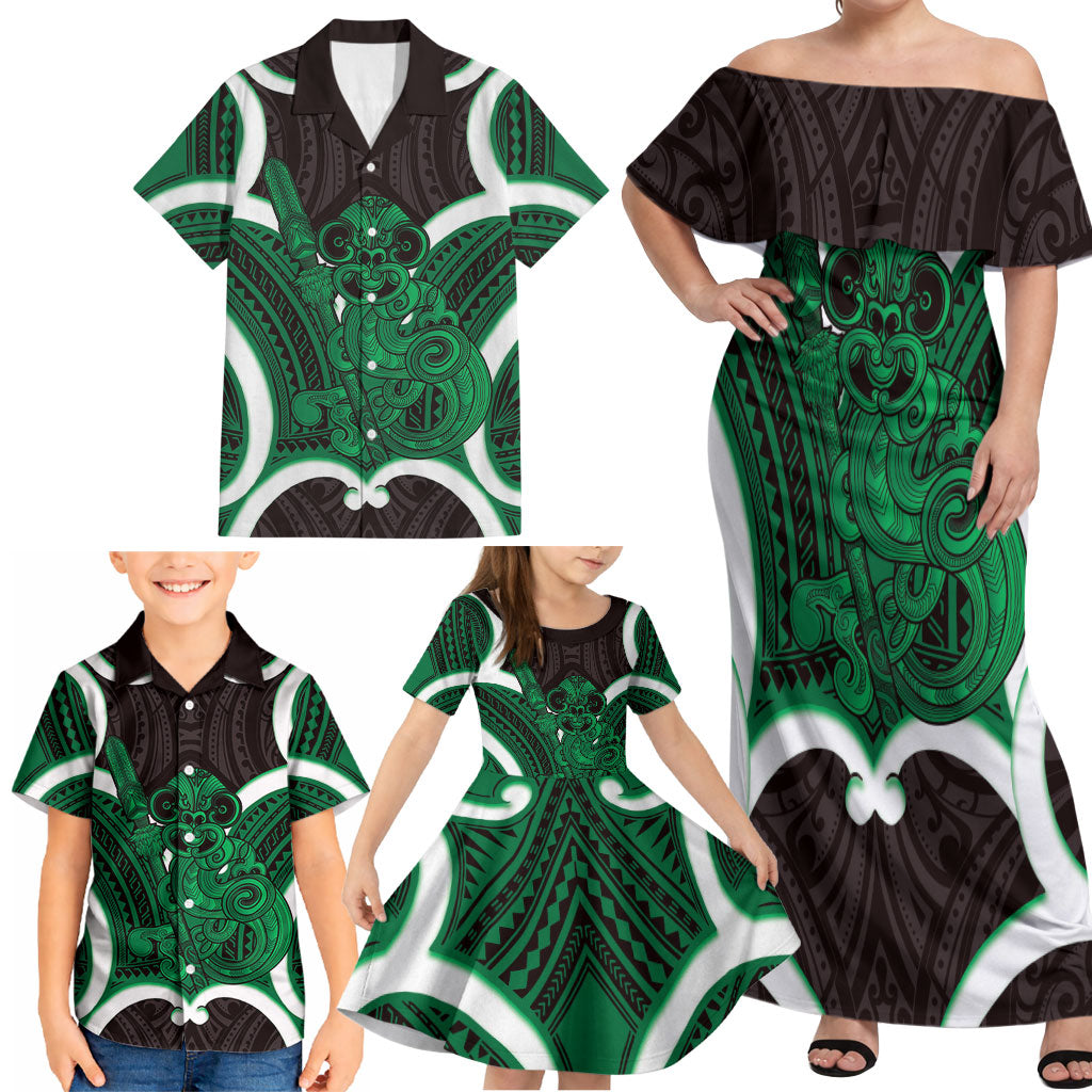 Kakariki Aotearoa Atua Tumatauenga Personalised Family Matching Off Shoulder Maxi Dress and Hawaiian Shirt Maori God Of War Tiki With Taiaha LT14 - Polynesian Pride