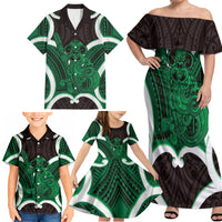 Kakariki Aotearoa Atua Tumatauenga Personalised Family Matching Off Shoulder Maxi Dress and Hawaiian Shirt Maori God Of War Tiki With Taiaha LT14 - Polynesian Pride