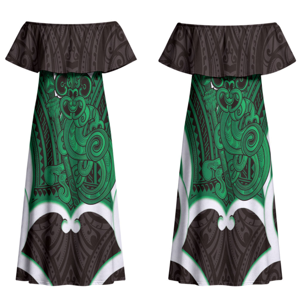 Kakariki Aotearoa Atua Tumatauenga Personalised Family Matching Off Shoulder Maxi Dress and Hawaiian Shirt Maori God Of War Tiki With Taiaha LT14 Mom's Dress Green - Polynesian Pride
