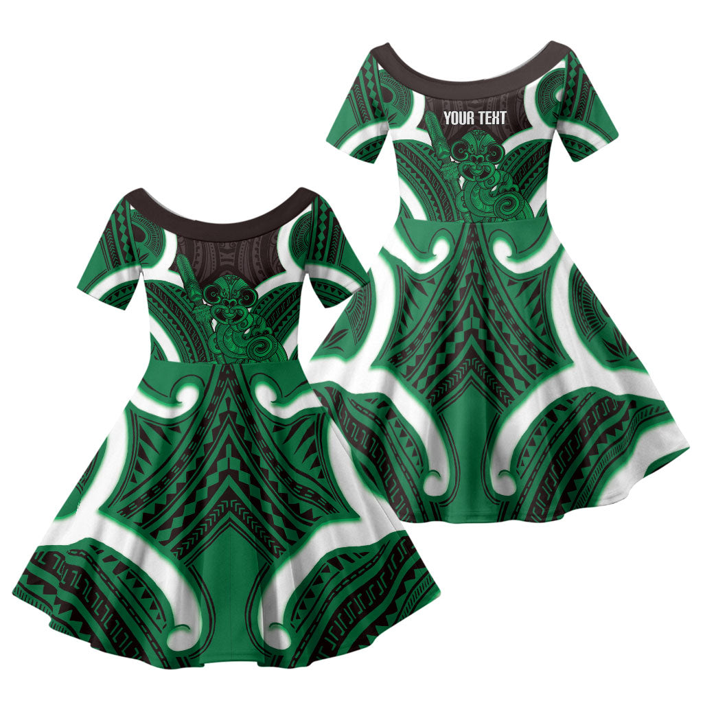 Kakariki Aotearoa Atua Tumatauenga Personalised Family Matching Off Shoulder Maxi Dress and Hawaiian Shirt Maori God Of War Tiki With Taiaha LT14 Daughter's Dress Green - Polynesian Pride