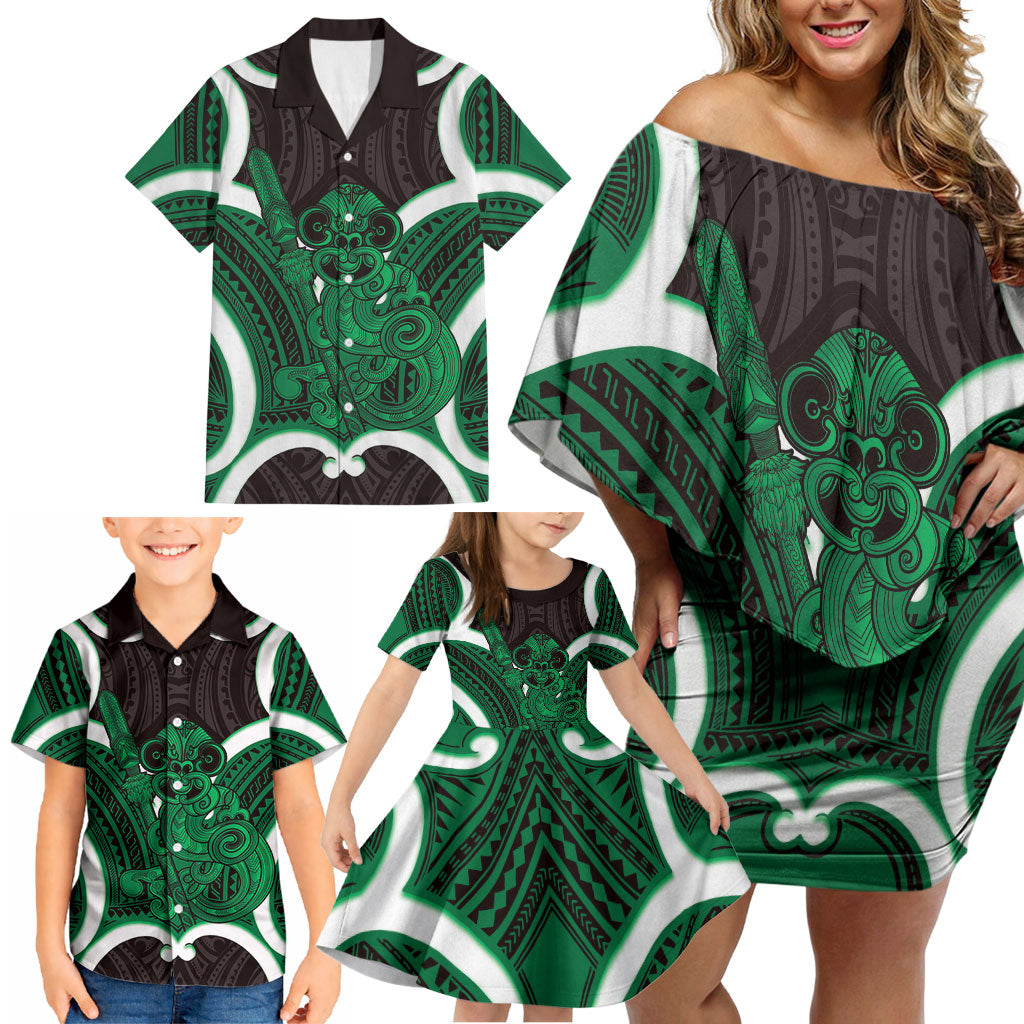Kakariki Aotearoa Atua Tumatauenga Personalised Family Matching Off Shoulder Short Dress and Hawaiian Shirt Maori God Of War Tiki With Taiaha LT14 - Polynesian Pride