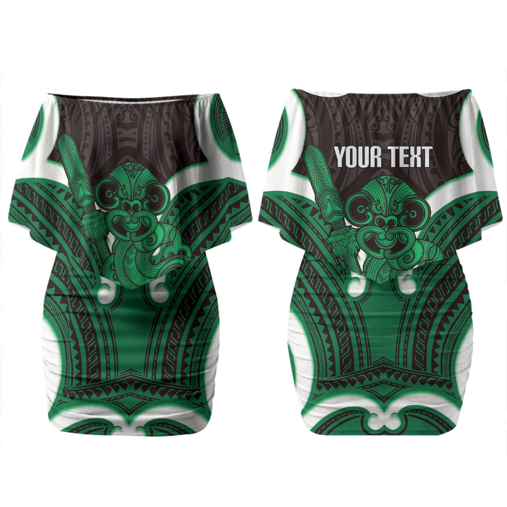 Kakariki Aotearoa Atua Tumatauenga Personalised Family Matching Off Shoulder Short Dress and Hawaiian Shirt Maori God Of War Tiki With Taiaha LT14 Mom's Dress Green - Polynesian Pride