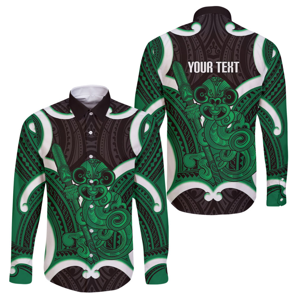 Kakariki Aotearoa Atua Tumatauenga Personalised Family Matching Off Shoulder Short Dress and Hawaiian Shirt Maori God Of War Tiki With Taiaha LT14 Dad's Shirt - Long Sleeve Green - Polynesian Pride