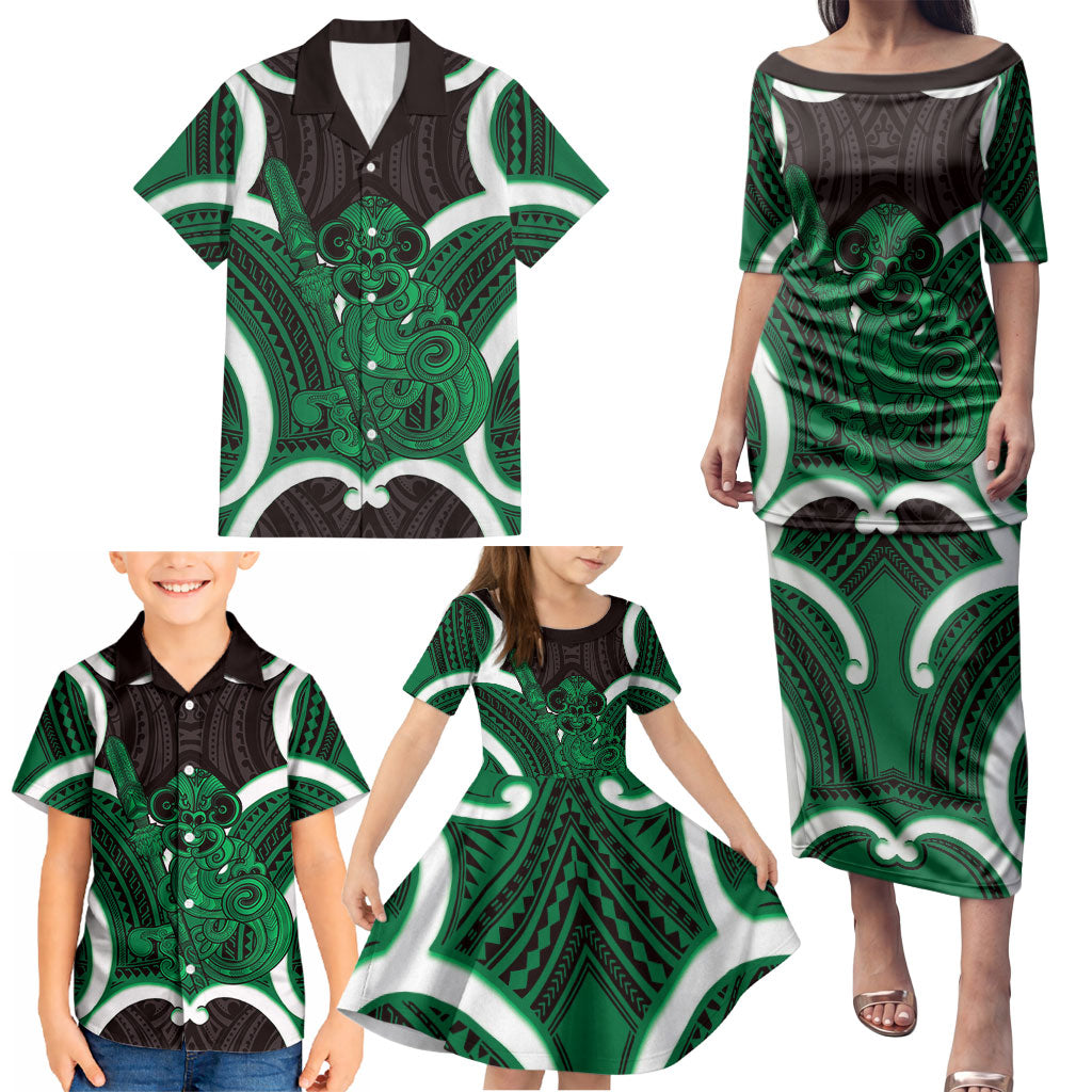 Kakariki Aotearoa Atua Tumatauenga Personalised Family Matching Puletasi and Hawaiian Shirt Maori God Of War Tiki With Taiaha LT14 - Polynesian Pride