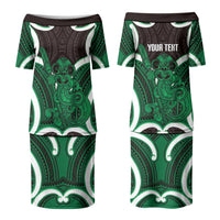 Kakariki Aotearoa Atua Tumatauenga Personalised Family Matching Puletasi and Hawaiian Shirt Maori God Of War Tiki With Taiaha LT14 Mom's Dress Green - Polynesian Pride
