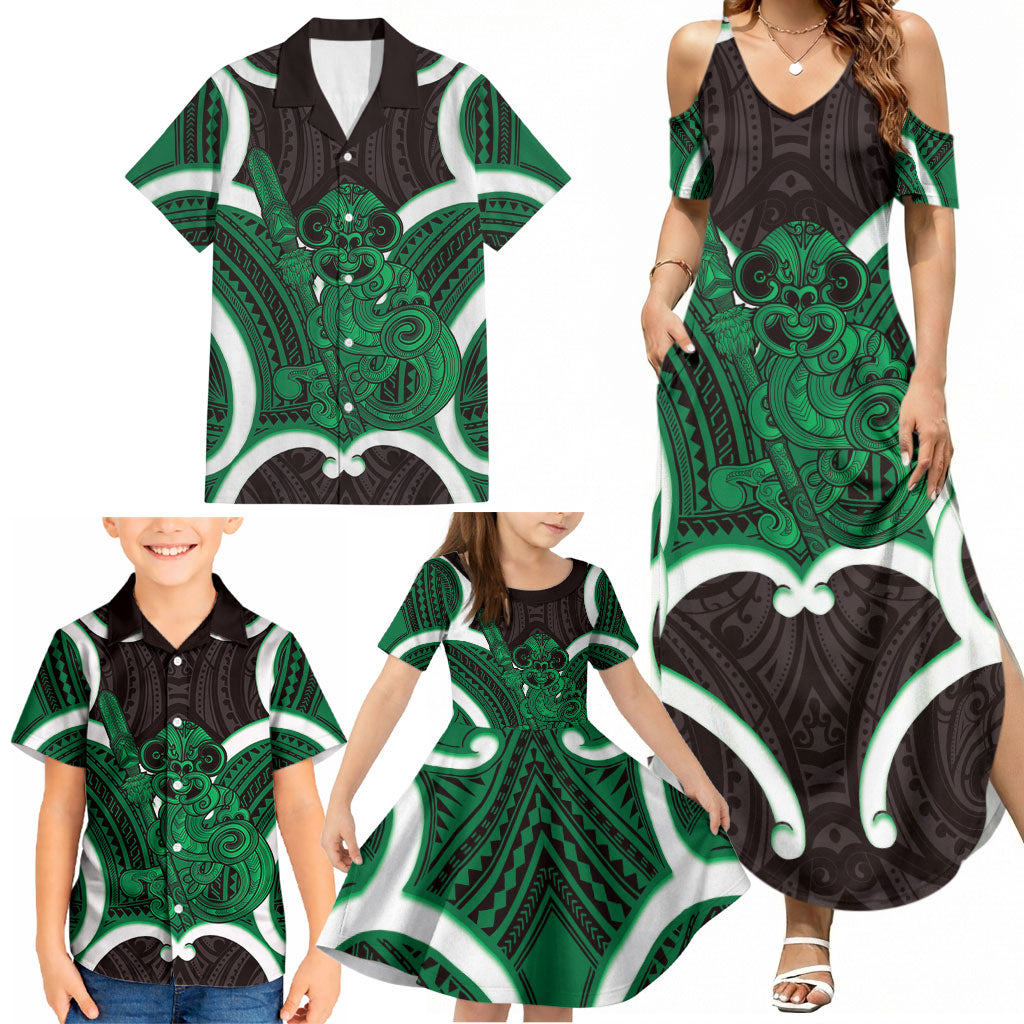 Kakariki Aotearoa Atua Tumatauenga Personalised Family Matching Summer Maxi Dress and Hawaiian Shirt Maori God Of War Tiki With Taiaha LT14 - Polynesian Pride