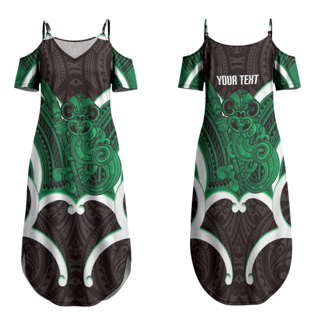 Kakariki Aotearoa Atua Tumatauenga Personalised Family Matching Summer Maxi Dress and Hawaiian Shirt Maori God Of War Tiki With Taiaha LT14 Mom's Dress Green - Polynesian Pride