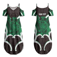 Kakariki Aotearoa Atua Tumatauenga Personalised Family Matching Summer Maxi Dress and Hawaiian Shirt Maori God Of War Tiki With Taiaha LT14 Mom's Dress Green - Polynesian Pride