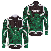Kakariki Aotearoa Atua Tumatauenga Personalised Family Matching Summer Maxi Dress and Hawaiian Shirt Maori God Of War Tiki With Taiaha LT14 Dad's Shirt - Long Sleeve Green - Polynesian Pride