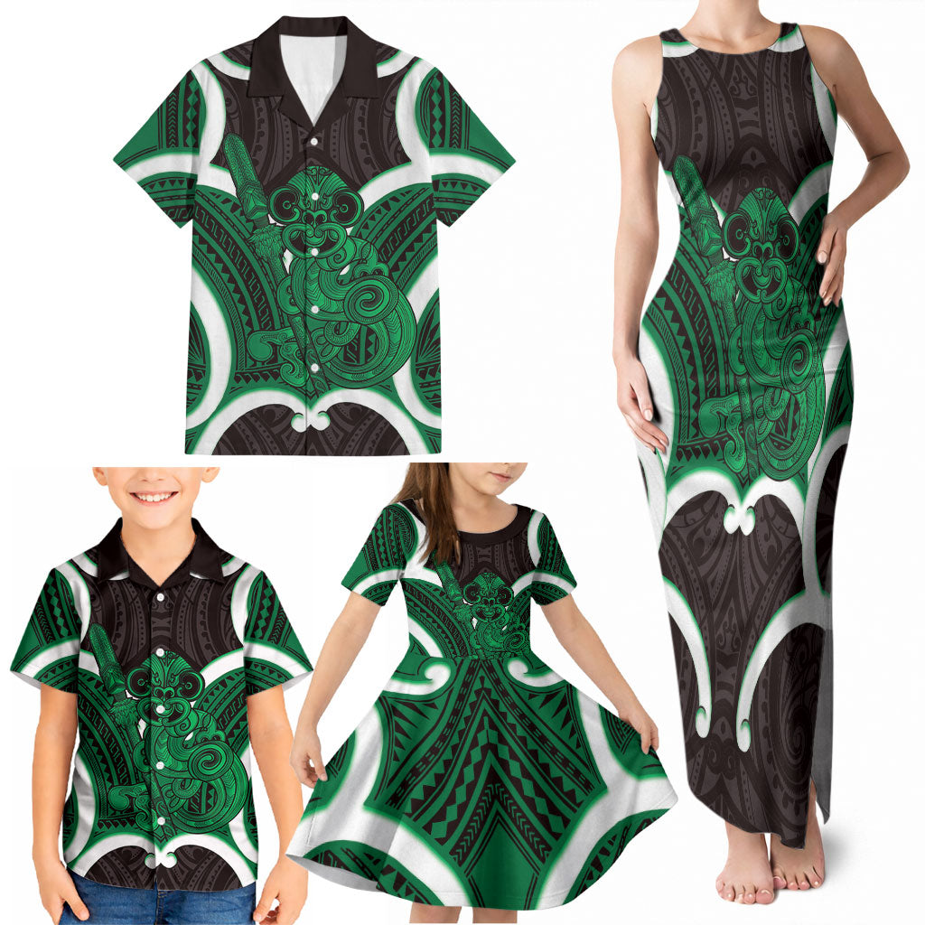 Kakariki Aotearoa Atua Tumatauenga Personalised Family Matching Tank Maxi Dress and Hawaiian Shirt Maori God Of War Tiki With Taiaha LT14 - Polynesian Pride