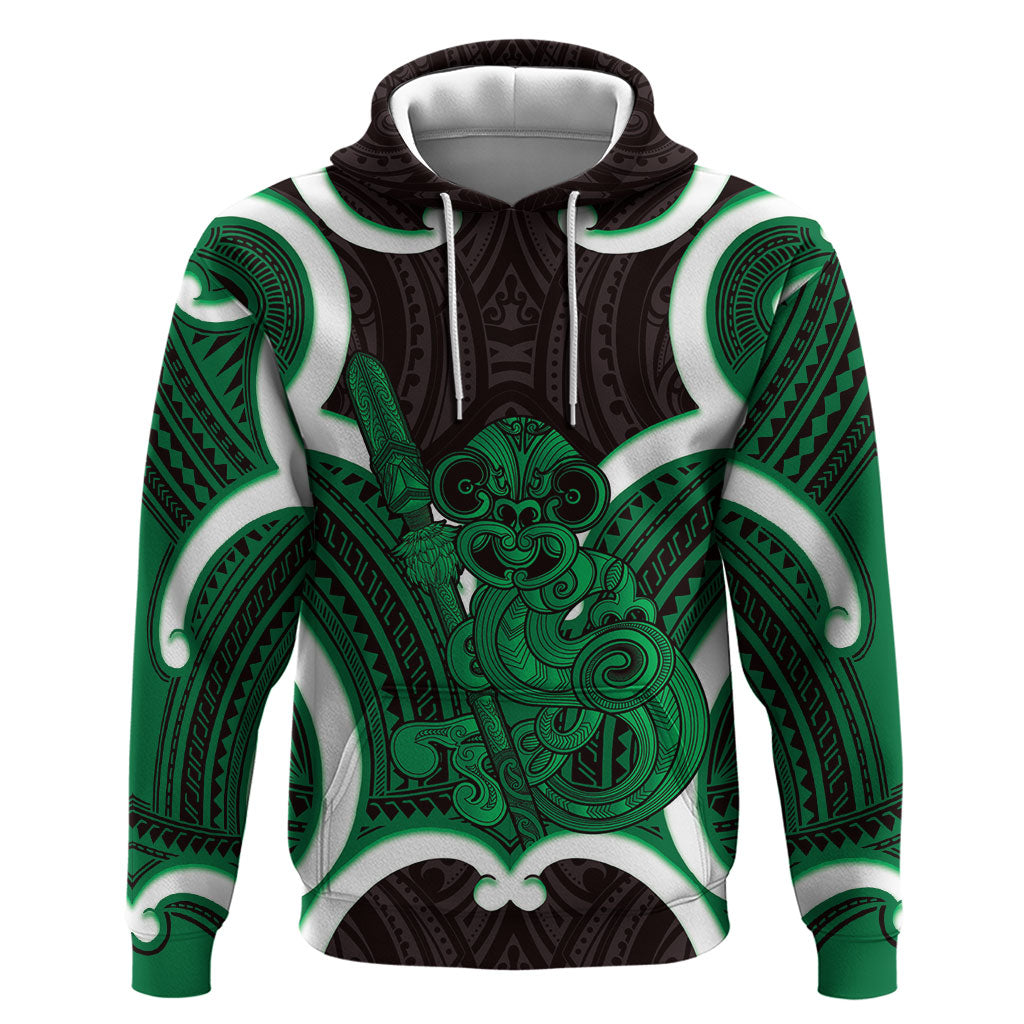 Kakariki Aotearoa Atua Tumatauenga Personalised Hoodie Maori God Of War Tiki With Taiaha LT14 Pullover Hoodie Green - Polynesian Pride