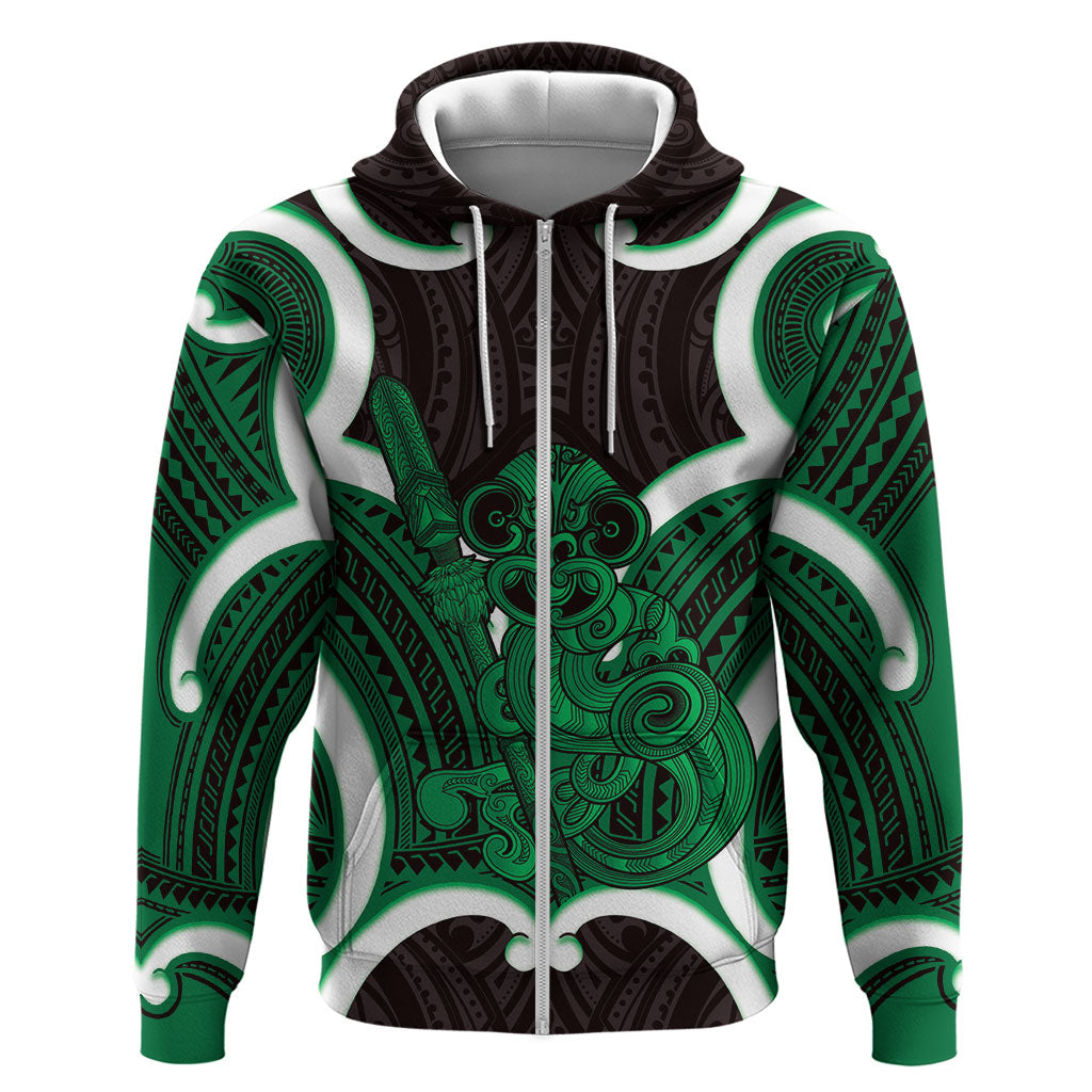 Kakariki Aotearoa Atua Tumatauenga Personalised Hoodie Maori God Of War Tiki With Taiaha LT14 Zip Hoodie Green - Polynesian Pride