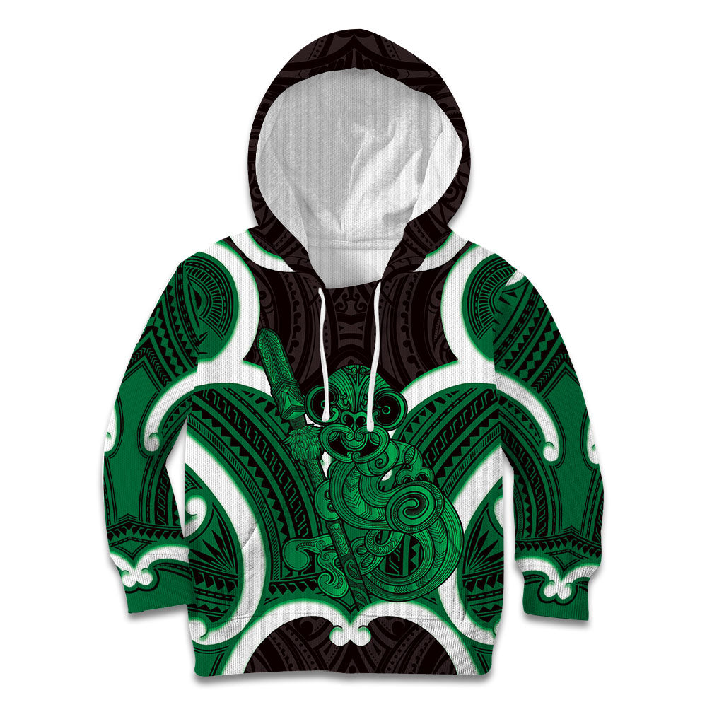 Kakariki Aotearoa Atua Tumatauenga Personalised Kid Hoodie Maori God Of War Tiki With Taiaha LT14 Hoodie Green - Polynesian Pride