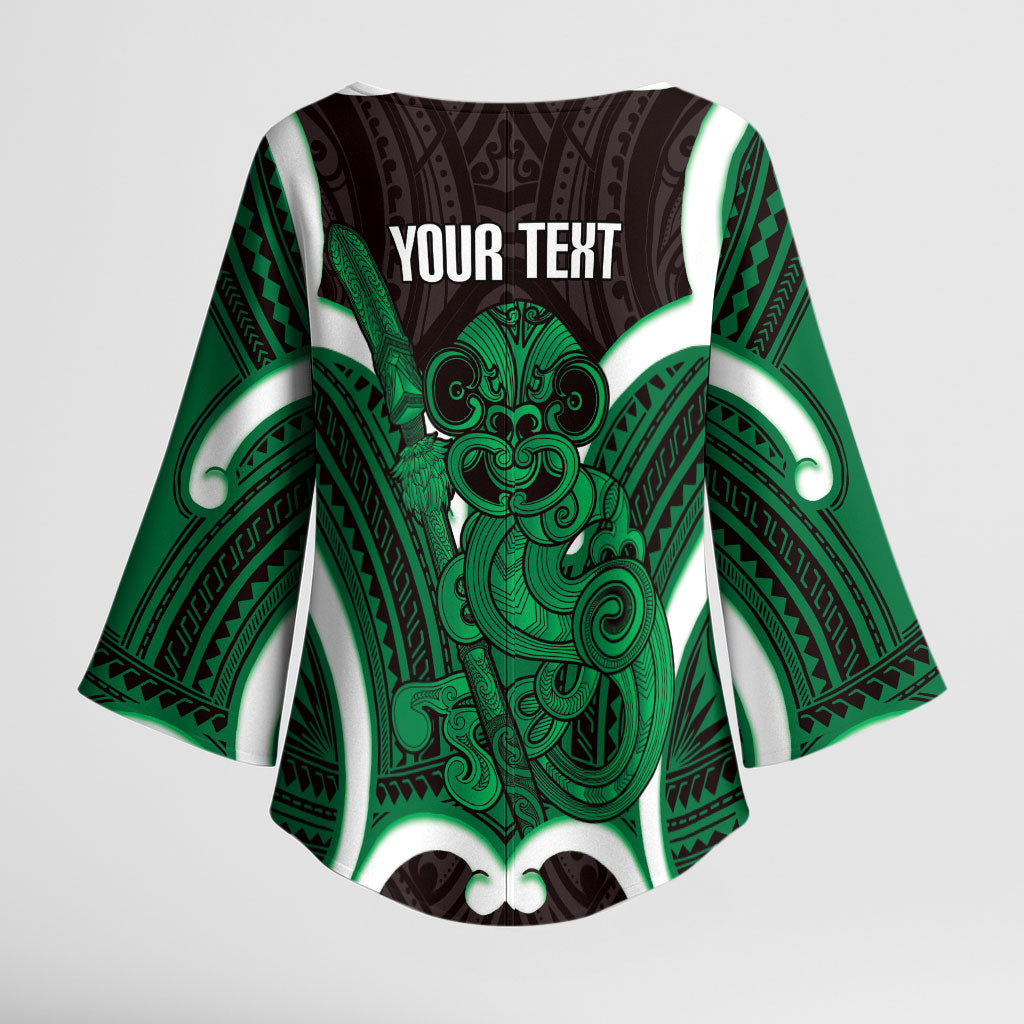 Kakariki Aotearoa Atua Tumatauenga Personalised Kimono Sleeve Blouse Maori God Of War Tiki With Taiaha LT14 - Polynesian Pride