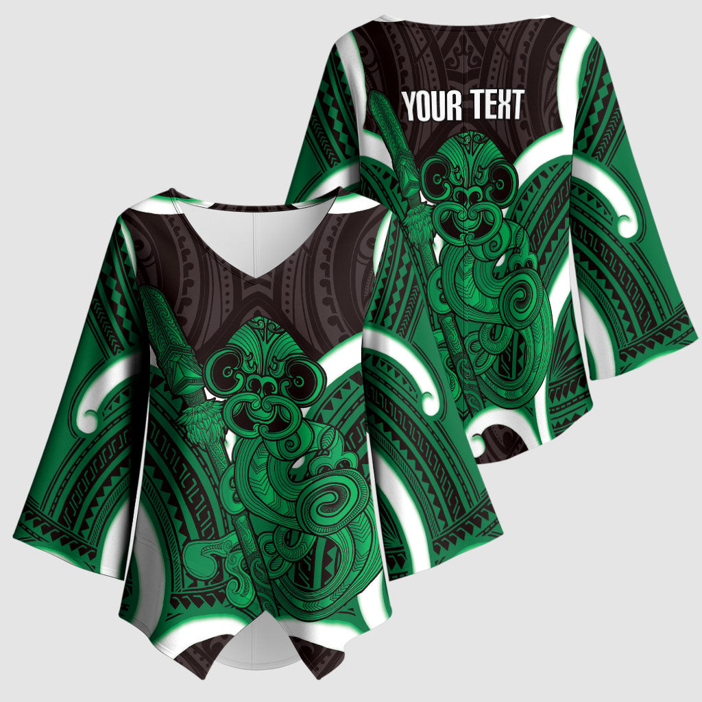 Kakariki Aotearoa Atua Tumatauenga Personalised Kimono Sleeve Blouse Maori God Of War Tiki With Taiaha LT14 - Polynesian Pride