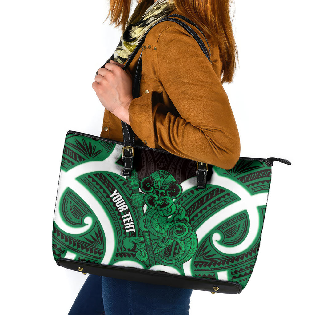 Kakariki Aotearoa Atua Tumatauenga Personalised Leather Tote Bag Maori God Of War Tiki With Taiaha LT14 Green - Polynesian Pride