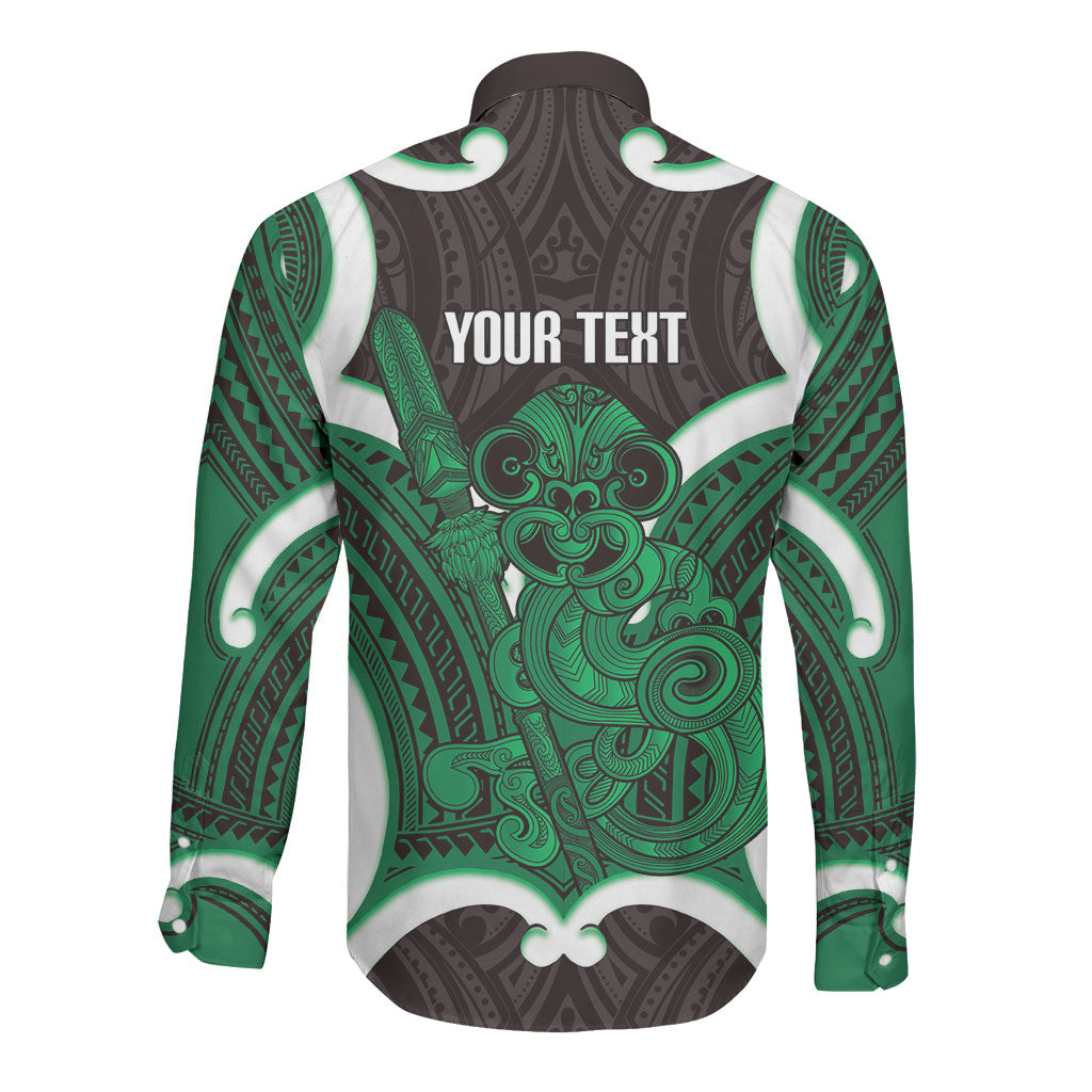 Kakariki Aotearoa Atua Tumatauenga Personalised Long Sleeve Button Shirt Maori God Of War Tiki With Taiaha LT14 - Polynesian Pride