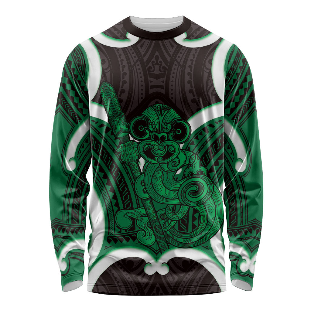 Kakariki Aotearoa Atua Tumatauenga Personalised Long Sleeve Shirt Maori God Of War Tiki With Taiaha LT14 Unisex Green - Polynesian Pride