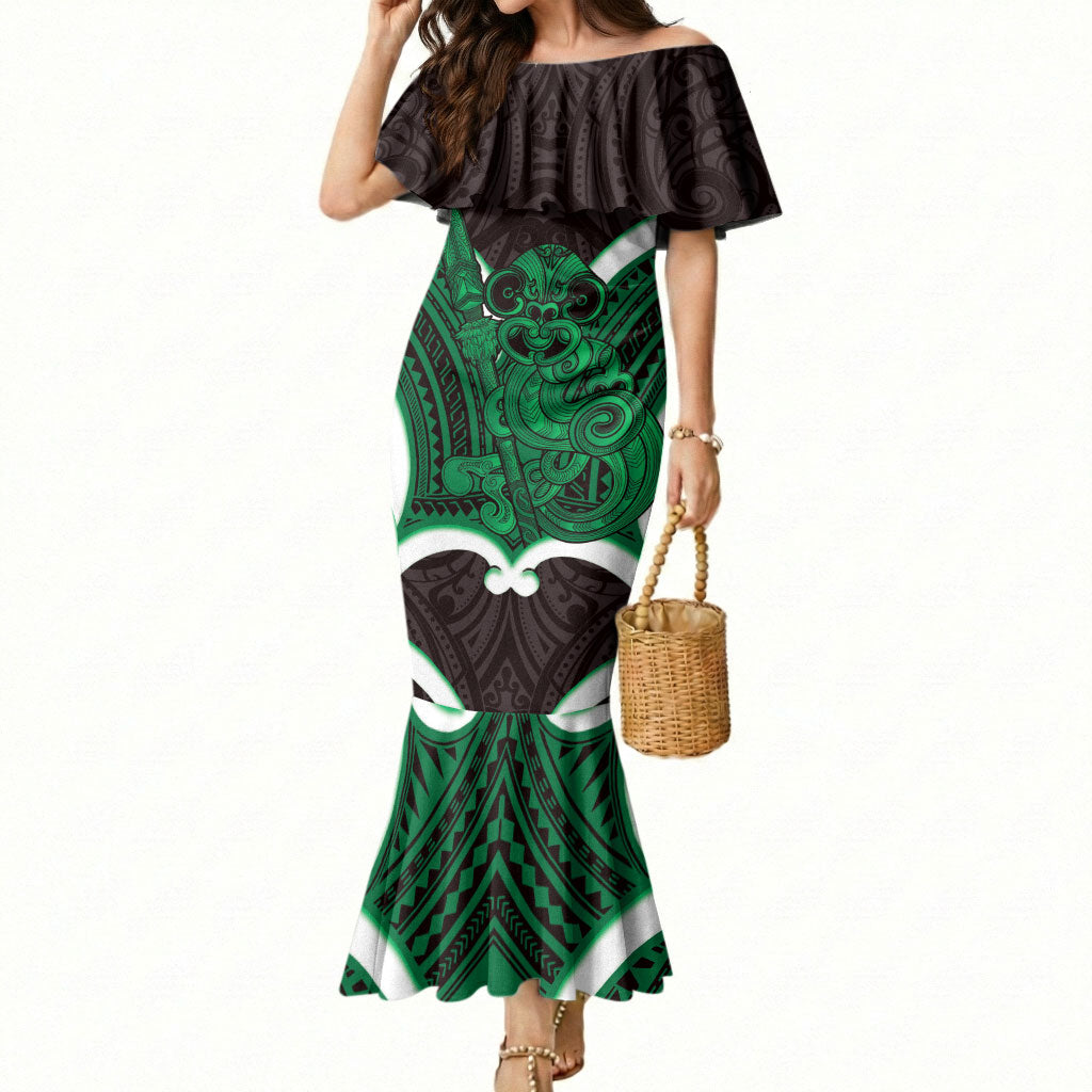 Kakariki Aotearoa Atua Tumatauenga Personalised Mermaid Dress Maori God Of War Tiki With Taiaha LT14 Women Green - Polynesian Pride