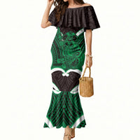 Kakariki Aotearoa Atua Tumatauenga Personalised Mermaid Dress Maori God Of War Tiki With Taiaha LT14 Women Green - Polynesian Pride