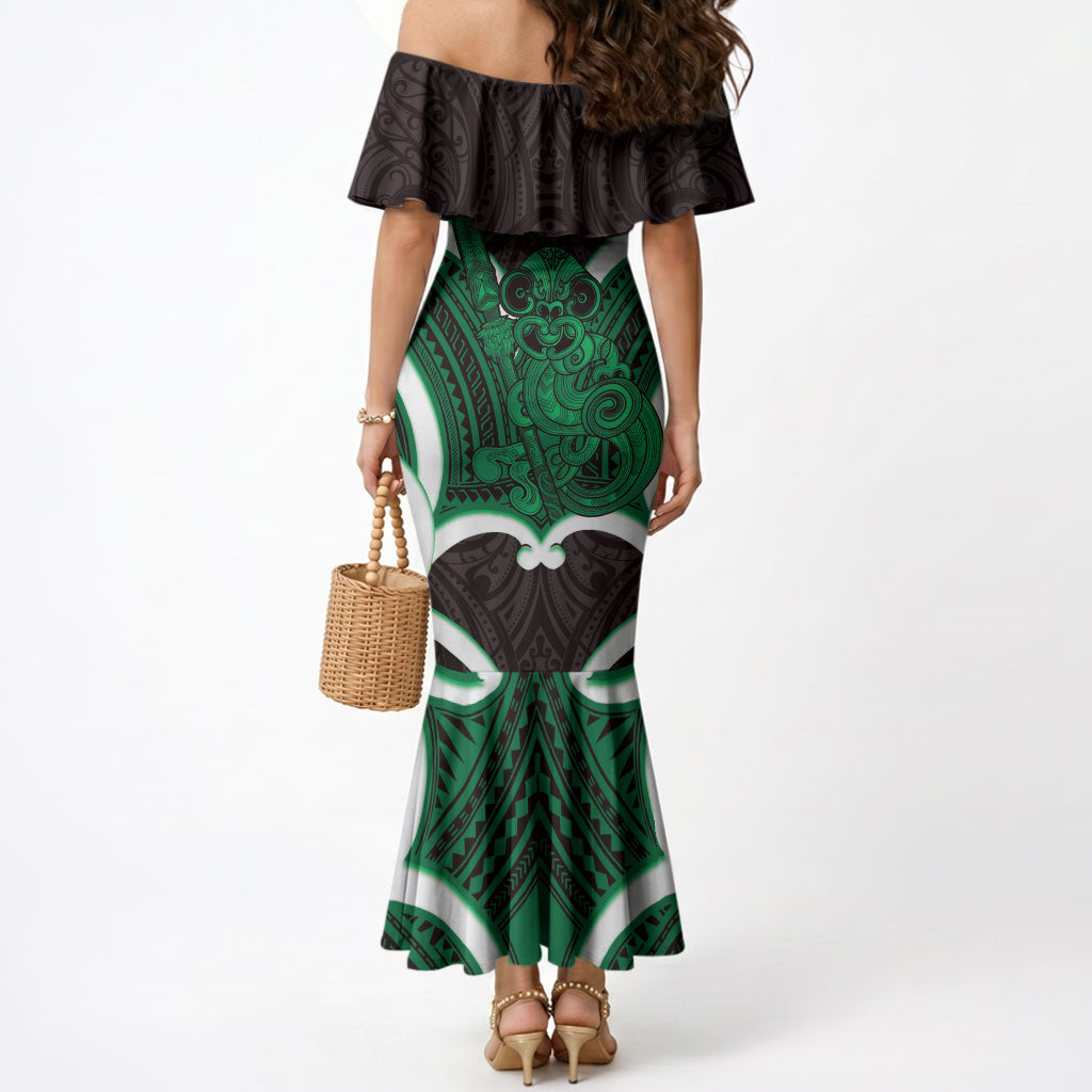 Kakariki Aotearoa Atua Tumatauenga Personalised Mermaid Dress Maori God Of War Tiki With Taiaha LT14 - Polynesian Pride