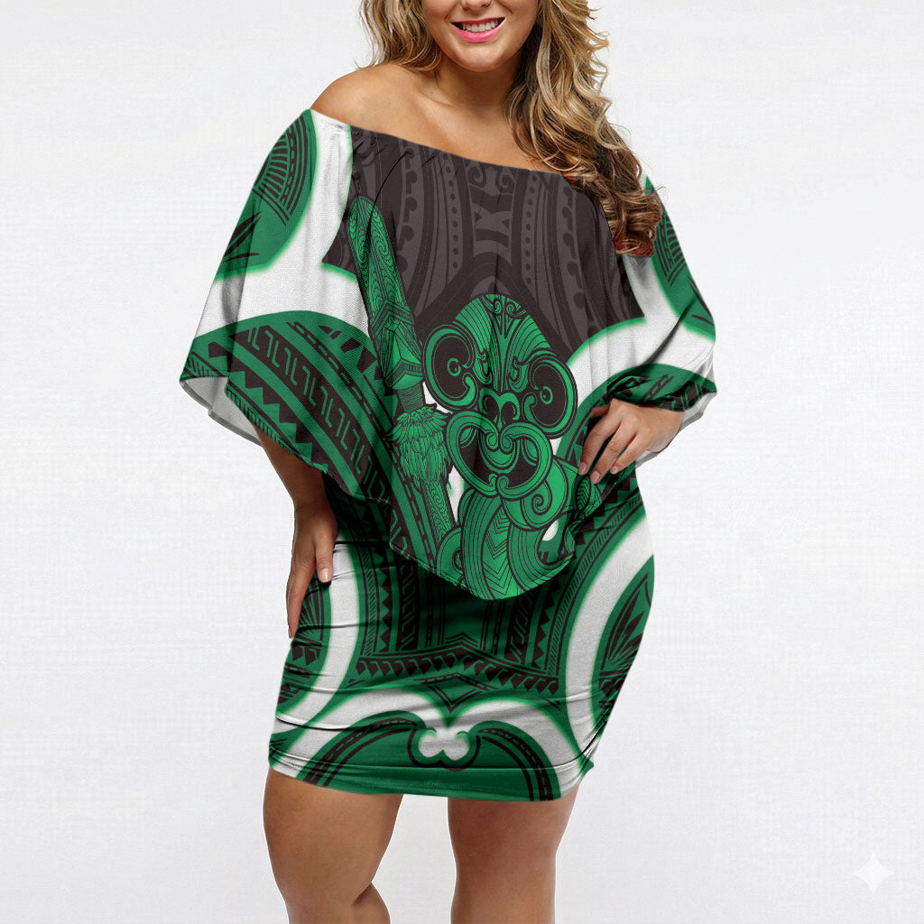 Kakariki Aotearoa Atua Tumatauenga Personalised Off Shoulder Short Dress Maori God Of War Tiki With Taiaha LT14 Women Green - Polynesian Pride