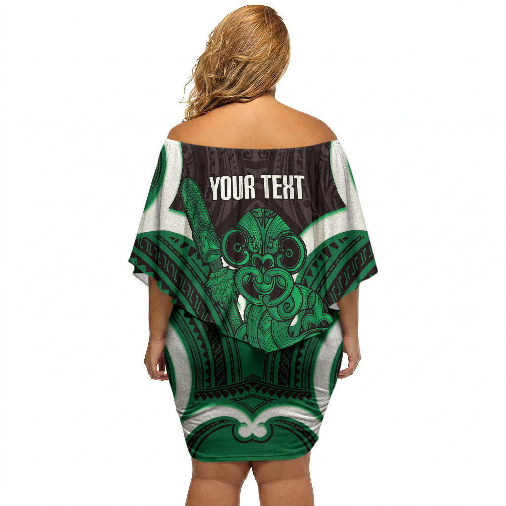 Kakariki Aotearoa Atua Tumatauenga Personalised Off Shoulder Short Dress Maori God Of War Tiki With Taiaha LT14 - Polynesian Pride