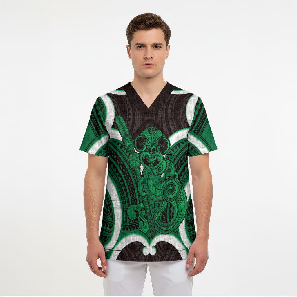 Kakariki Aotearoa Atua Tumatauenga Personalised Scrub Top Maori God Of War Tiki With Taiaha LT14 - Polynesian Pride