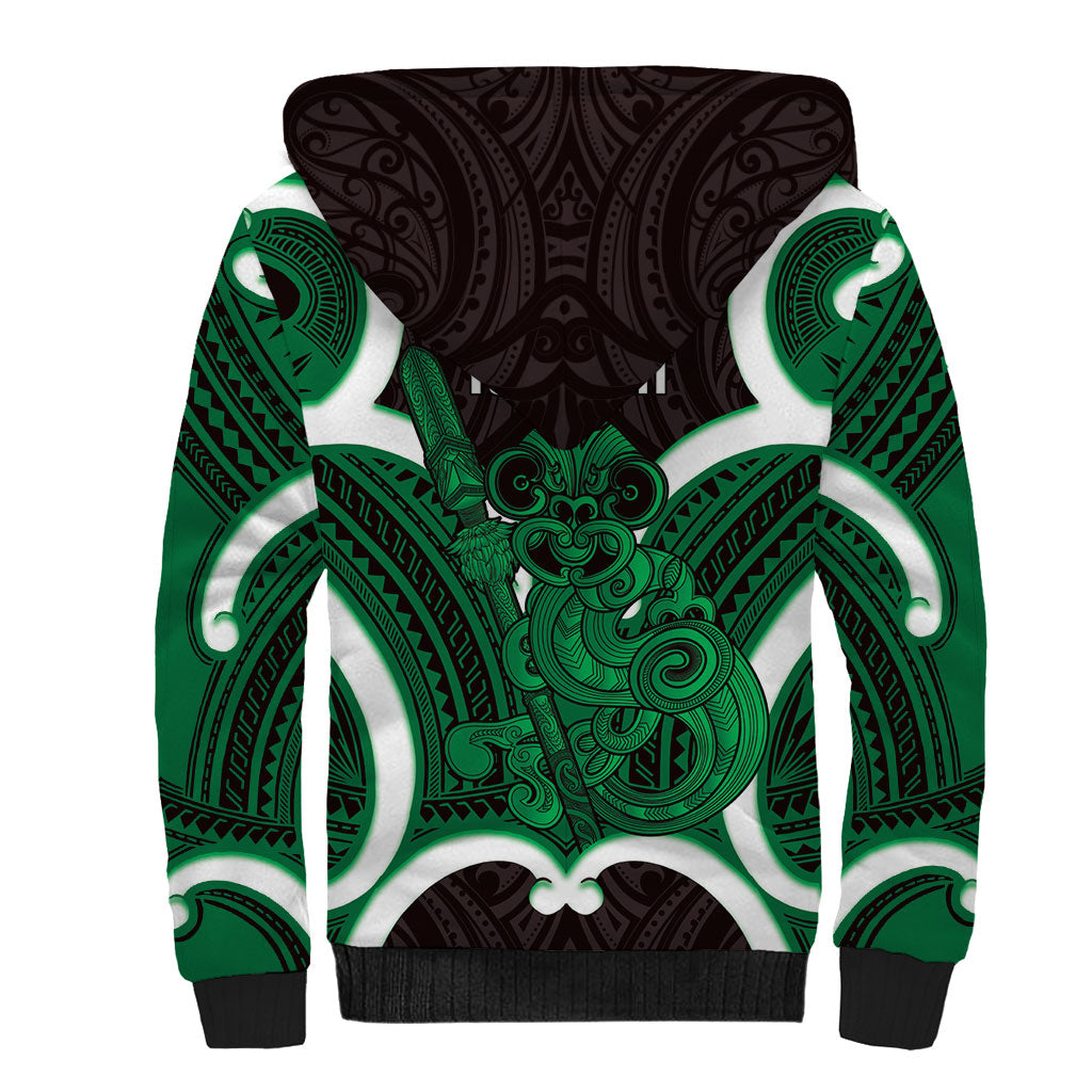 Kakariki Aotearoa Atua Tumatauenga Personalised Sherpa Hoodie Maori God Of War Tiki With Taiaha LT14 - Polynesian Pride
