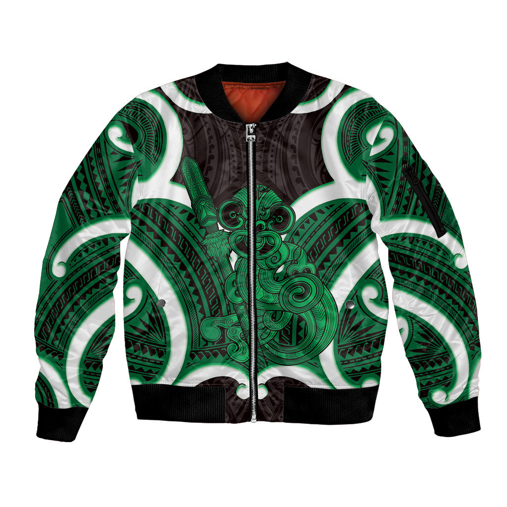 Kakariki Aotearoa Atua Tumatauenga Personalised Sleeve Zip Bomber Jacket Maori God Of War Tiki With Taiaha LT14 Unisex Green - Polynesian Pride