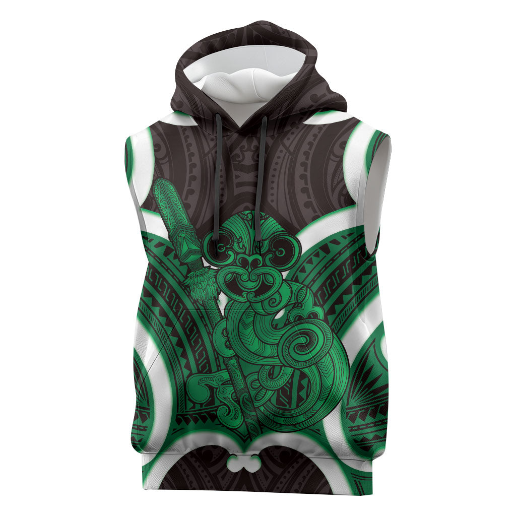 Kakariki Aotearoa Atua Tumatauenga Personalised Sleeveless Hoodie Maori God Of War Tiki With Taiaha LT14 Green - Polynesian Pride
