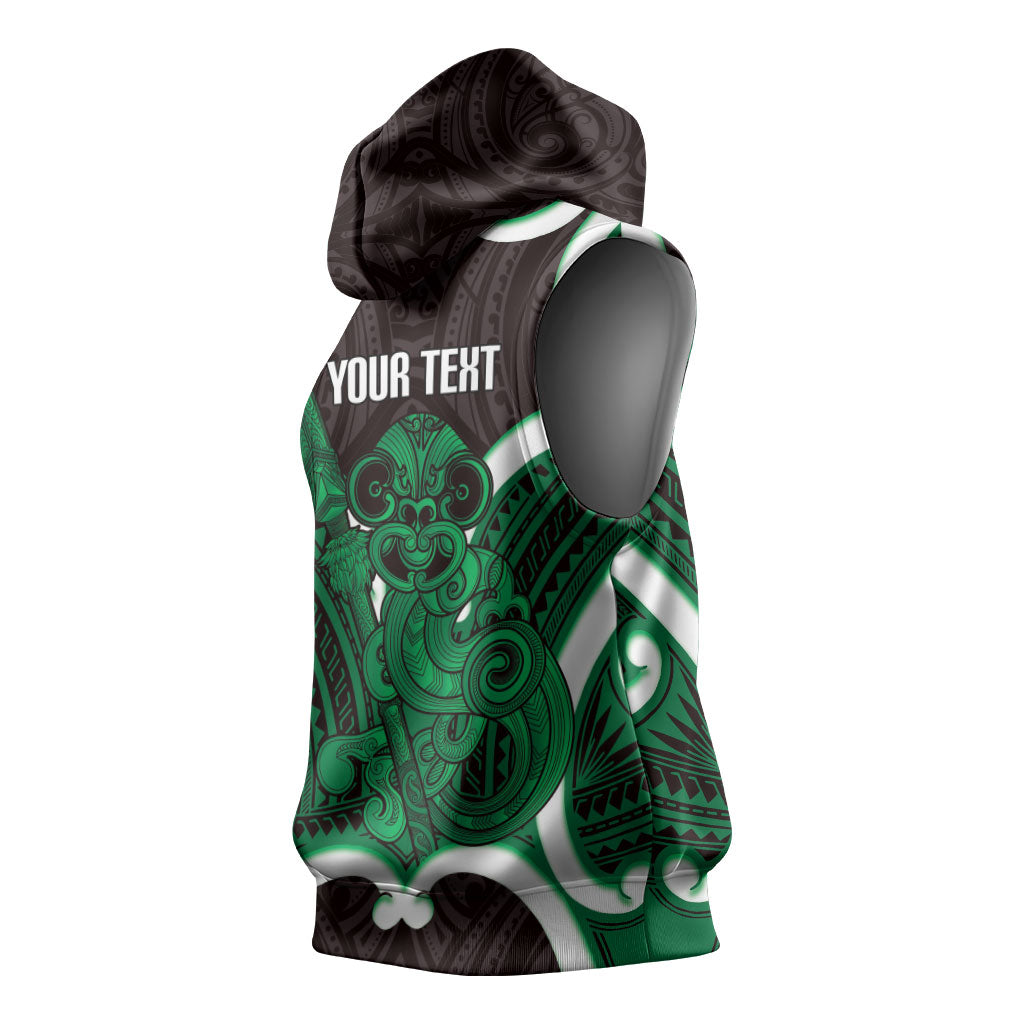 Kakariki Aotearoa Atua Tumatauenga Personalised Sleeveless Hoodie Maori God Of War Tiki With Taiaha LT14 - Polynesian Pride