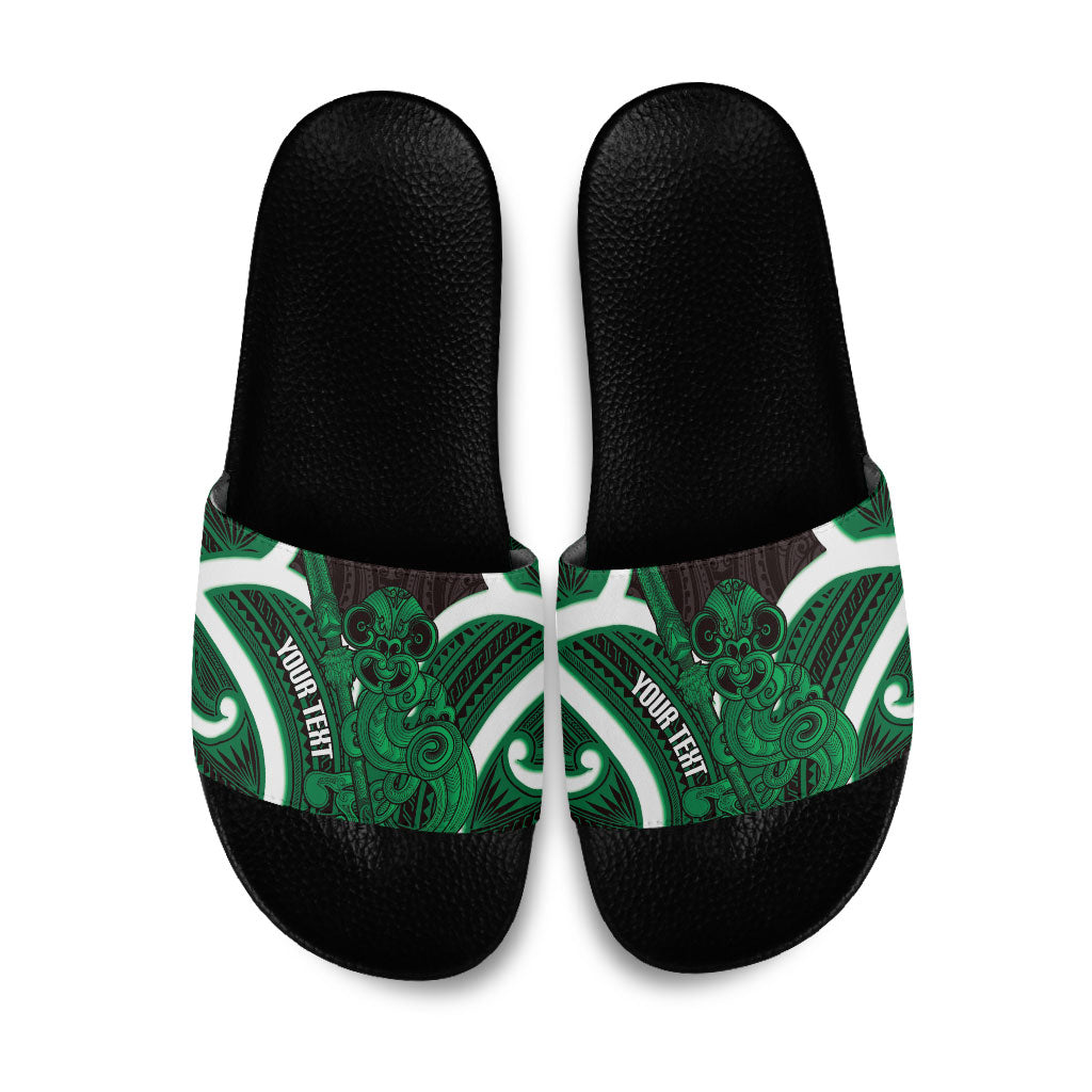 Kakariki Aotearoa Atua Tumatauenga Personalised Slide Sandals Maori God Of War Tiki With Taiaha LT14 Green - Polynesian Pride