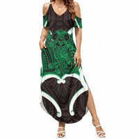 Kakariki Aotearoa Atua Tumatauenga Personalised Summer Maxi Dress Maori God Of War Tiki With Taiaha LT14 Women Green - Polynesian Pride