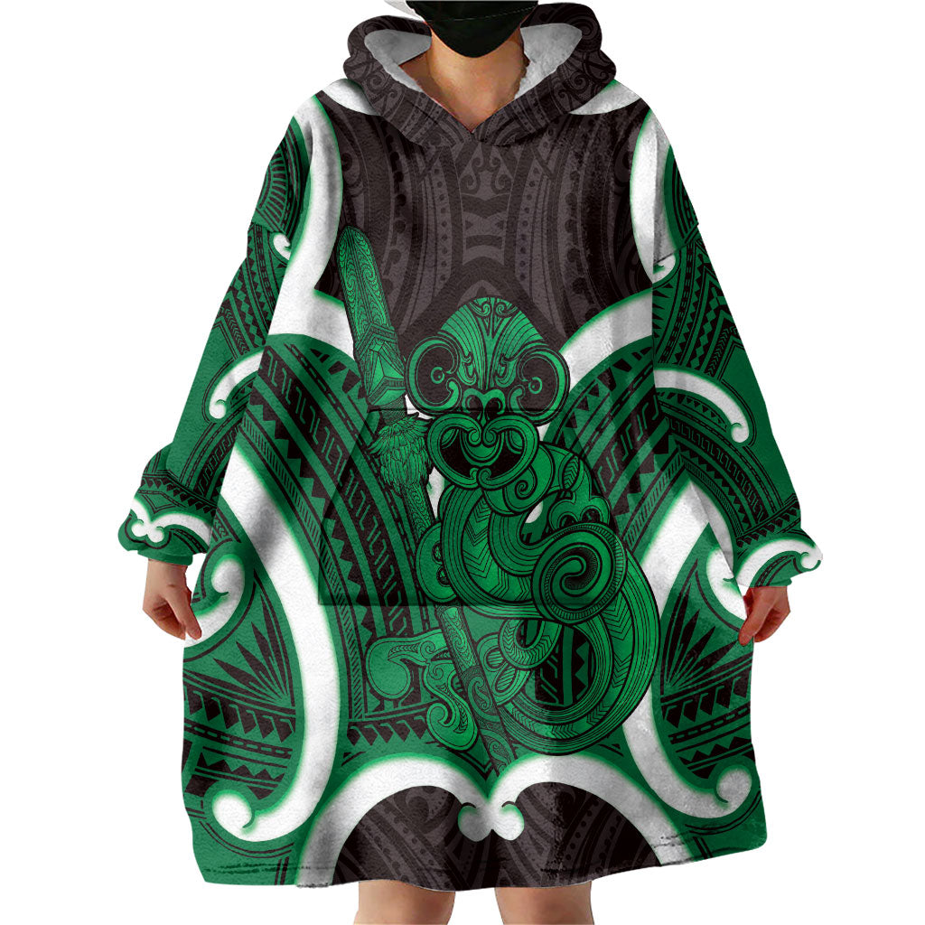 Kakariki Aotearoa Atua Tumatauenga Personalised Wearable Blanket Hoodie Maori God Of War Tiki With Taiaha LT14 - Polynesian Pride