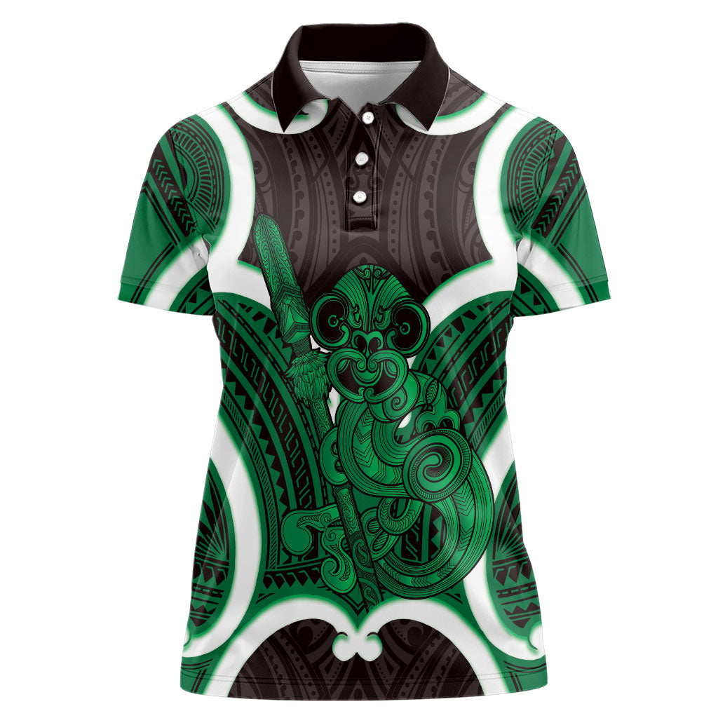 Kakariki Aotearoa Atua Tumatauenga Personalised Women Polo Shirt Maori God Of War Tiki With Taiaha LT14 Female Green - Polynesian Pride