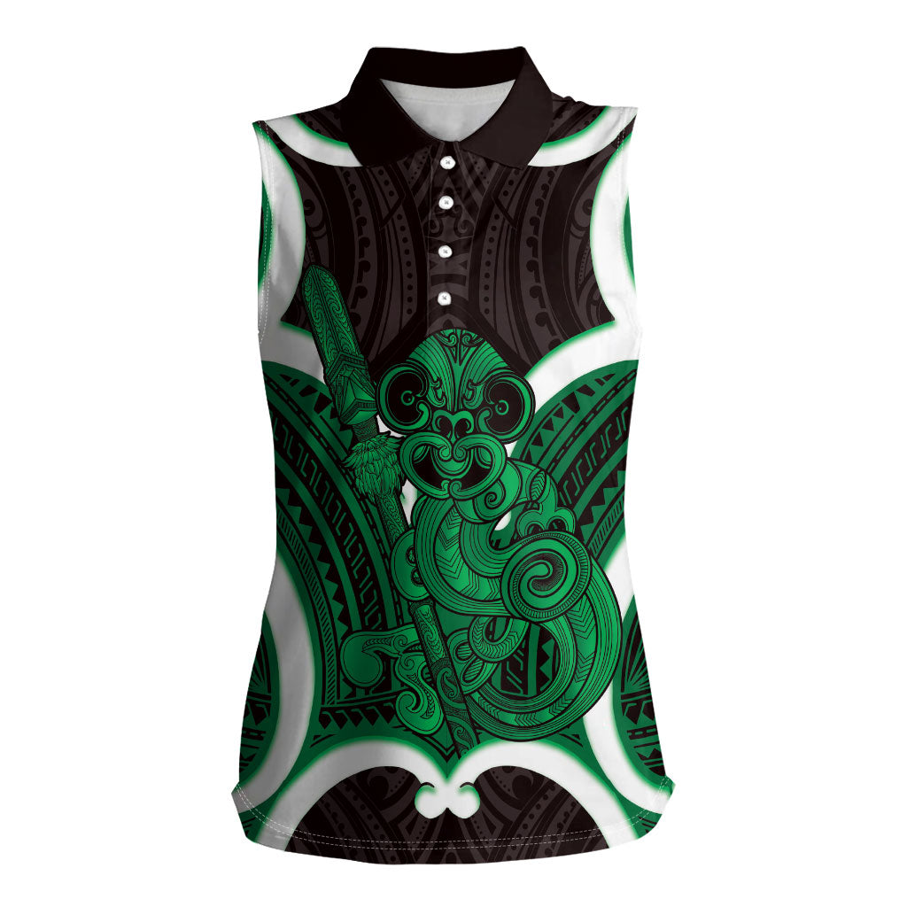 Kakariki Aotearoa Atua Tumatauenga Personalised Women Sleeveless Polo Shirt Maori God Of War Tiki With Taiaha LT14 Female Green - Polynesian Pride