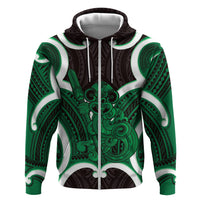 Kakariki Aotearoa Atua Tumatauenga Personalised Zip Hoodie Maori God Of War Tiki With Taiaha LT14 Zip Hoodie Green - Polynesian Pride