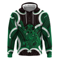 Kakariki Aotearoa Atua Tumatauenga Personalised Zip Hoodie Maori God Of War Tiki With Taiaha LT14 Pullover Hoodie Green - Polynesian Pride