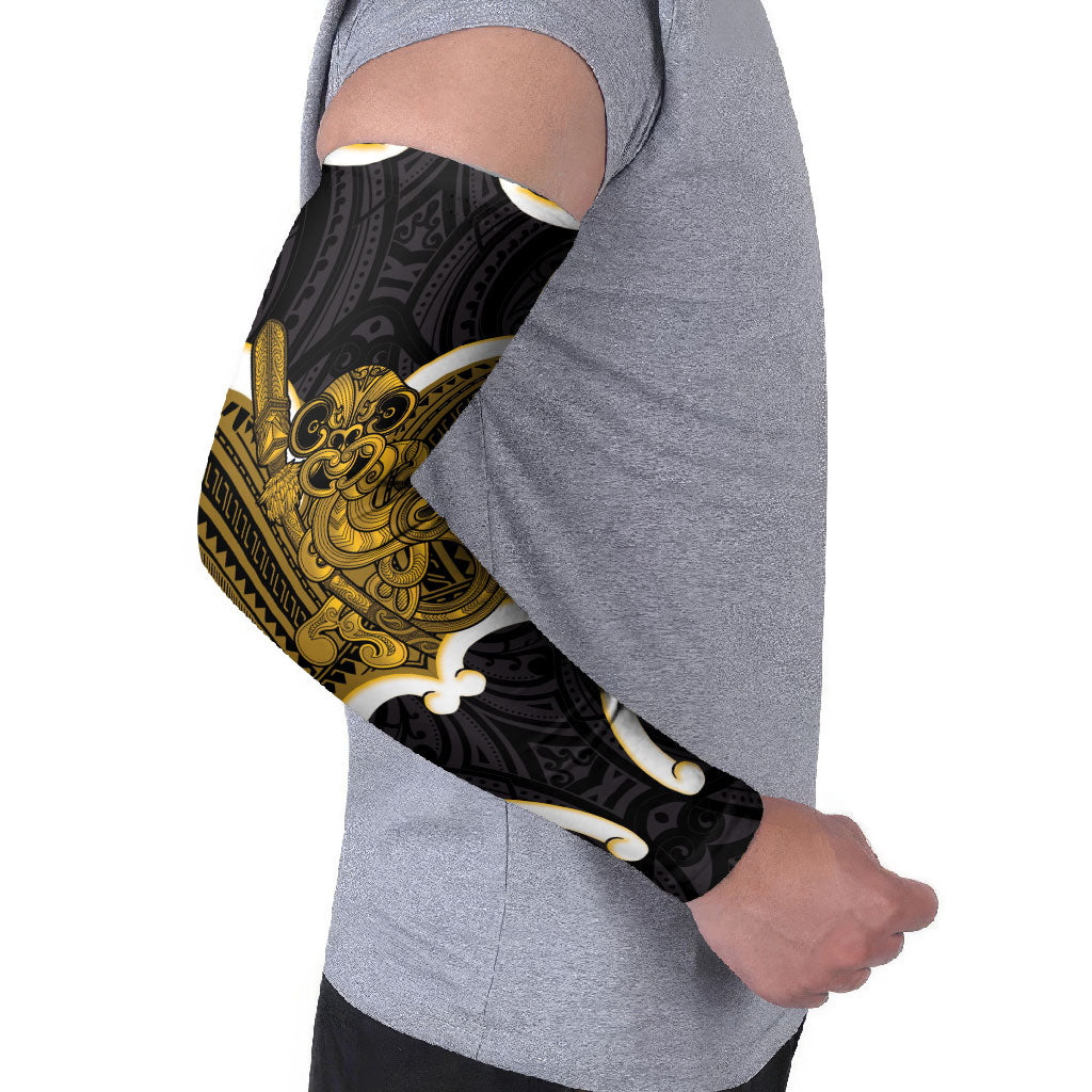 Kowhai Aotearoa Atua Tumatauenga Personalised Arm Sleeves Maori God Of War Tiki With Taiaha LT14 - Polynesian Pride
