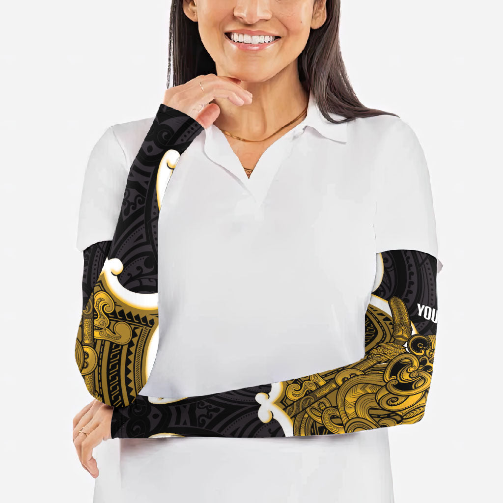 Kowhai Aotearoa Atua Tumatauenga Personalised Arm Sleeves Maori God Of War Tiki With Taiaha LT14 - Polynesian Pride