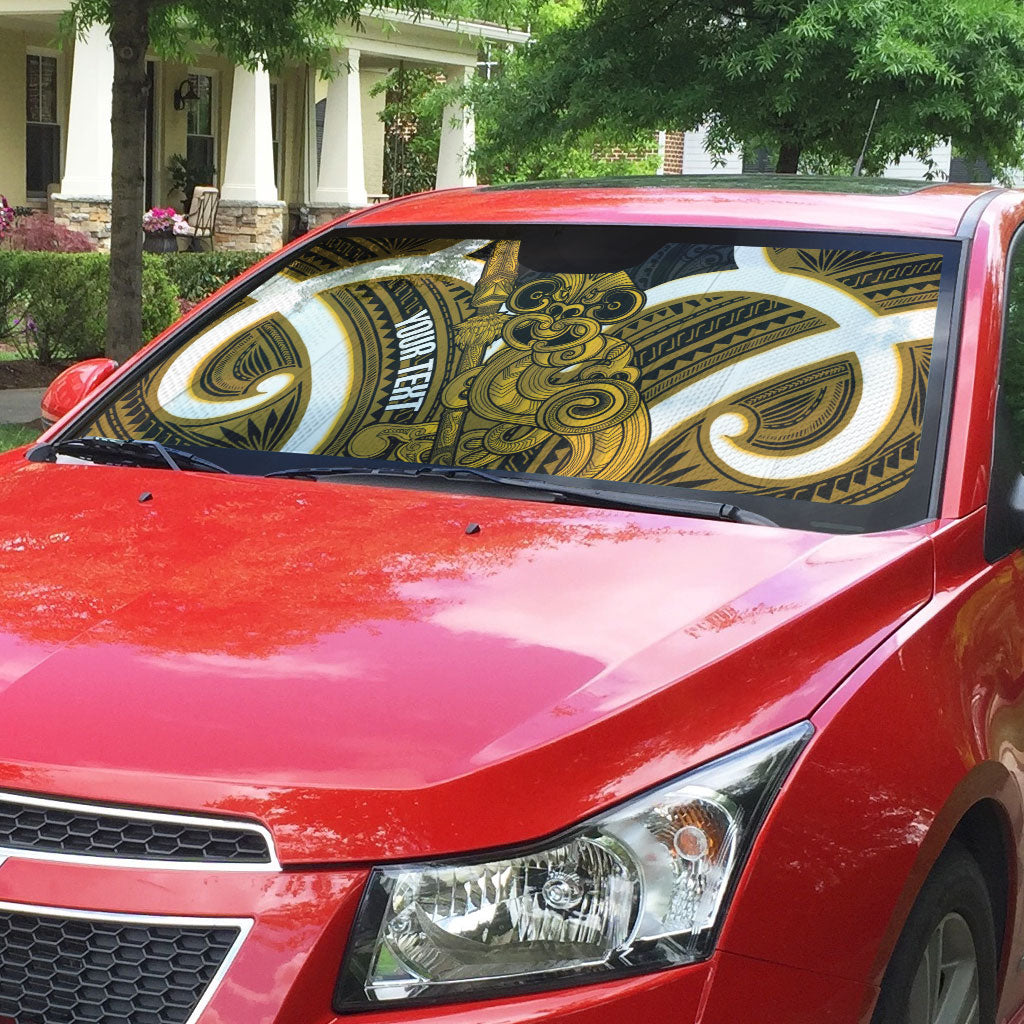 Kowhai Aotearoa Atua Tumatauenga Personalised Auto Sun Shade Maori God Of War Tiki With Taiaha LT14 - Polynesian Pride
