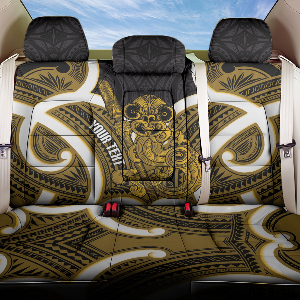 Kowhai Aotearoa Atua Tumatauenga Personalised Back Car Seat Cover Maori God Of War Tiki With Taiaha LT14 One Size Yellow - Polynesian Pride